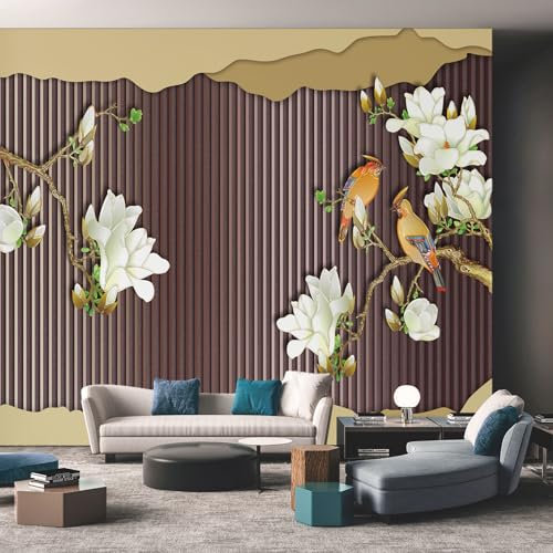 Magnolia Birds Wallpaper, Chinoiserie Vintage Wallpaper for Living Room, Bedroom, Non-Woven Decor Wall Paper, Photo Dining Room, Hallway, Lounge, Mural Large 3D Home Decor 400 x 280 cm BVHYU87