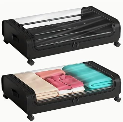 2 Pack Under Bed Storage with Wheels Lid 48L Rolling Metal Frame Underbed Containers Clear Window Storage Bag Box Organization Home Bedroom Organizer Drawer Bin for Clothes Shoes Toys Blankets Black