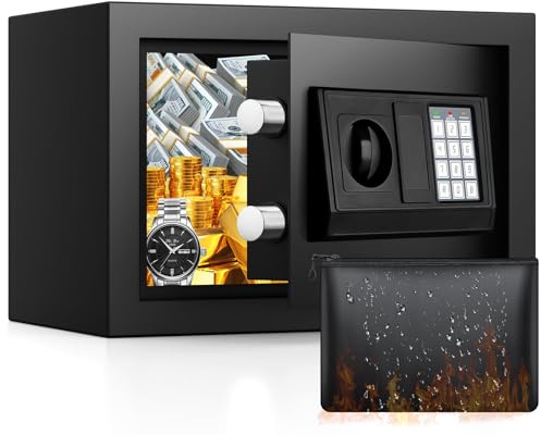 Klein Tresor für Zuhause, 15L Digitaler Möbeltresor Klein mit Feuerfester Wasserdicht Geldtasche, Heimtresor mit Zahlencode und Schlüssel, Wandtresor Sicherheitssafe für Geld Medikamente Schmuck
