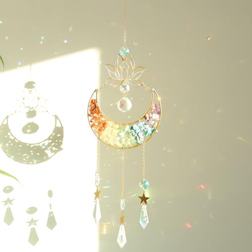 DRADERCH Atrapasoles Cristal para Ventana, Decoración Colgante, Carillón Flor de Loto con Luna y Piedras de Colores, Prisma Creador de Arcoíris para Jardín Balcón Hogar