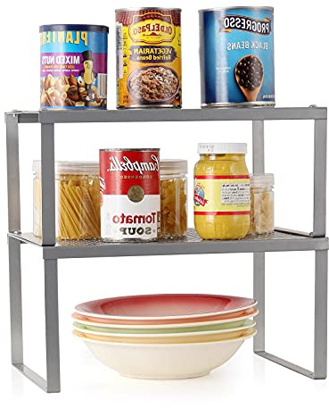 Nandae Cupboard Shelf Organiser,Kitchen Cupboard Cabinet Organizer, Stackable Expandable Insert Shelves, Counter Shelf Spice Can Rack for Bathroom, Kitchen, Laundry Room Sliver 2-Pack