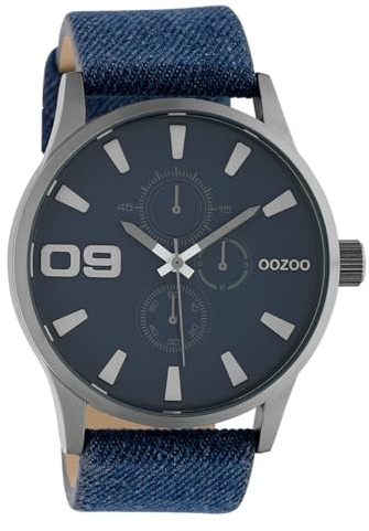 Oozoo Herrenuhr Chrono Look mit Lederband 48 MM Dunkelblau/Jeans C10345
