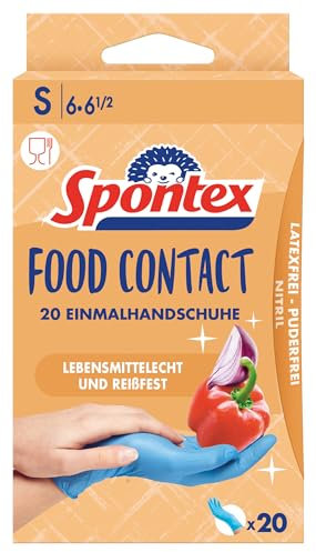 Spontex Food Contact, 20 guantes desechables de nitrilo, aptos para alimentos, sin látex y sin polvo, talla S (1 x 20 unidades)