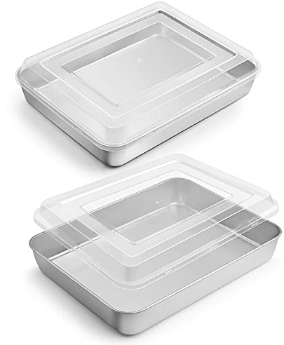 E-far Toaster Oven Baking Pan with Lid, 10.4”x 8”x 2” Stainless Steel Rectangle Sheet Cake Pans with Covers, Small Bakeware for Cakes Brownies Casseroles, Non-toxic & Dishwasher Safe -Set of 2