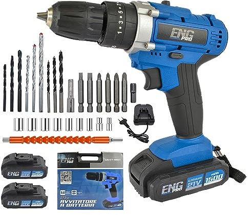 ENG PRO Trapano Avvitatore a Batteria a percussione da 21V in Valigetta 27 Accessori 2 Batterie e 1 Caricatore Velocità 0-1350 RPM Mandrino Autoserrante 10mm - UM ET AB21