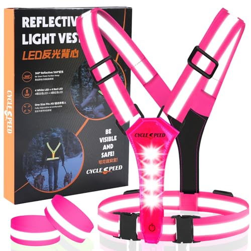 CYCLESPEED LED Running Vest with Red Back Light, High Visibility Running Lights for Runners, Elastic Adjustable Night Walking Light Up Vest, USB Rechargeable Running Gear for Jogging Walking (Pink)