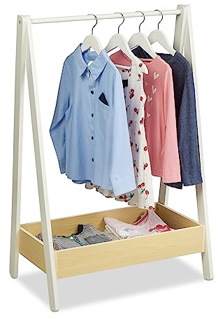 Relaxdays Burro de Ropa Infantil, Perchero de Pie, 99 x 64,5 x 42,5 cm, Barra para Perchas y Balda, Blanco y Natural