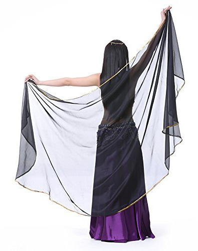 XChangeFun Sciarpa a semicerchio in chiffon per la danza del ventre, costume da danza del ventre, sciarpa per anca, paillettes, scialli dorati e veli, nero, 98.43 x 47.24 inch (250cm*120cm)
