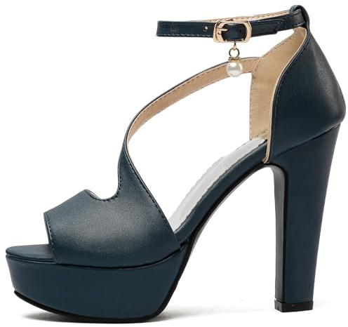 Lroey Reoly Sandalias de Mujer, Sandalias de Tacón Alto con Punta Abierta Hebilla Tacón Ancho Sandalias Correa de Tobillo con Plataforma Moda, 6550Nlr Azul Talla 36 EU