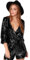 IMEKIS Damen Gl?nzend Pailletten Jumpsuit Langarm V-Ausschnitt Einteiler Strampler Kurz Overall Playsuit Night Party Disco Clubwear Elegant Festlich Leistung Rave Outfit Schwarz XL
