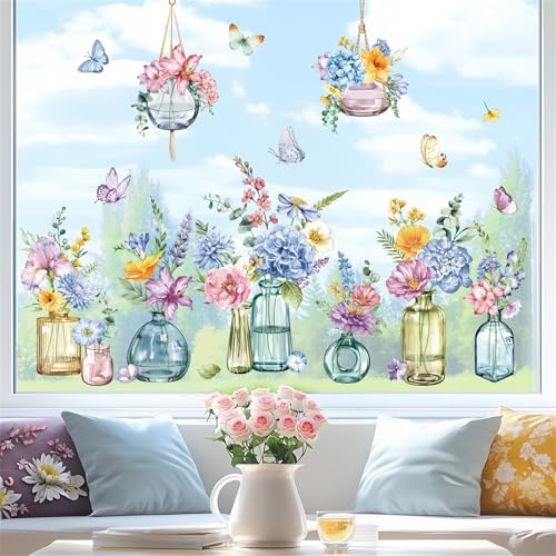 decalmile Window Clings Blue Potted Flowers Vase Reusable Windows Decals | Anti-Collision, Static Cling Glass Decal, Double-Sided Printing, Both Sides Clearly Visible, Waterproof, Removable