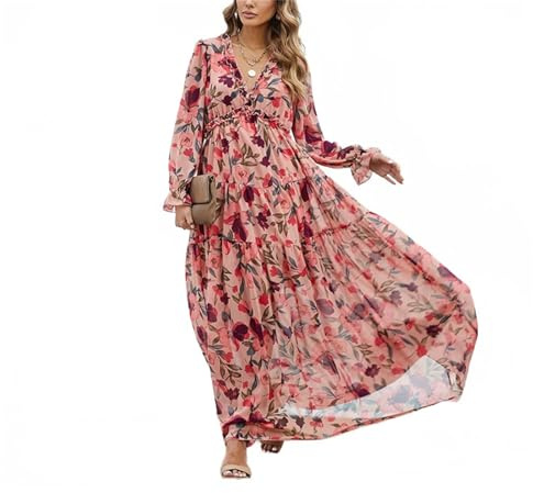 TOMPOATY Abito da donna a maniche lunghe con spalline a palloncino, in tulle floreale, con scollo profondo a V, a maniche lunghe, in chiffon, a linea A, abito boho casual, Rosso, L