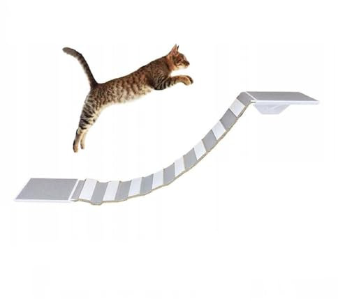 QLS Katzenbrücke mit 2 Katzenliegen Set 130 cm rutschfest Wandbefestigung aus Holz (Weiß Grau)