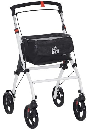 HOMCOM Gehbock 4 Räder faltbar leicht, Aluminium Rollator - leichter Gehrahmen, Aufbewahrungstasche, Tablett, Doppelbremse, verstellbare Griffhöhe, Gehbock für ältere Menschen, weiß