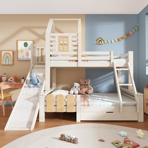 Letto a Castello 90x200 e 140x200cm con Rete a doghe, Letto Matrimoniale con Cassetto, Scivolo e Scaletta, letto a Soppalco per Bambini, a Forma di Casa, Struttura in Legno Massiccio(senza materasso)