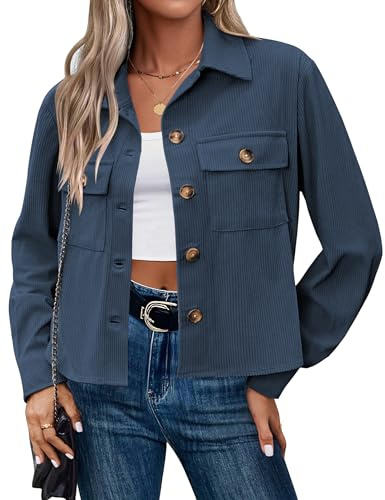 Hotouch Veste Bomber Femme Court Décontracté Blouson à Manches Longues Boutons Manteau Léger Sweatjacke Bleu L