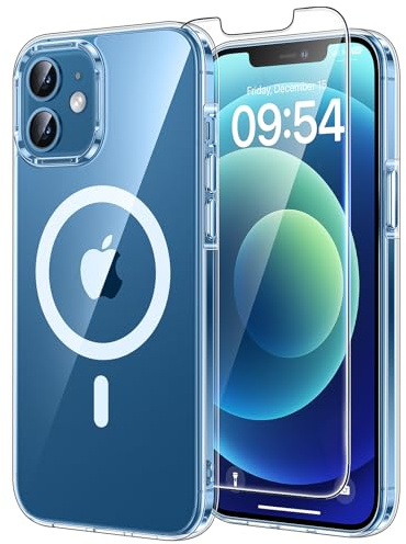 TAURI Funda para iPhone 12/12 Pro 6.1, Compatible with MagSafe [No Amarillea] con HD Protectores de Pantalla, [Protección de Grado 15 FT] Mejorada Protección Anti-Arañazos Case - Transparente