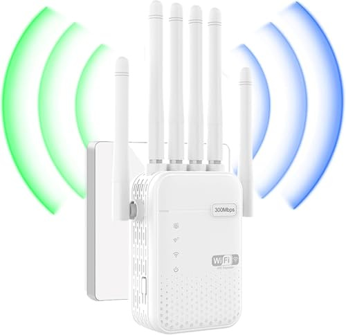 Repetidor WiFi, Nuevo Amplificador de señal WiFi de 300 Mbps, con 2 Puertos LAN, 6 potentes Antenas externas, fácil instalación, Compatible con Todos los routers, Ideal para oficinas y hogares