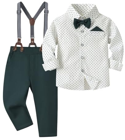 Generisch Traje de boda para niño, camisa con pajarita/pantalones con tirantes para ocasiones formales, Verde militar., 12-18 meses