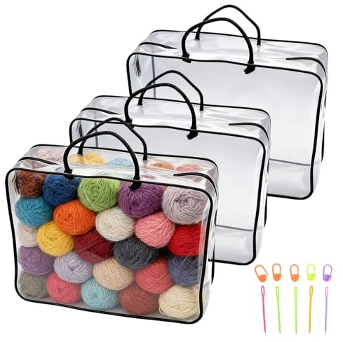 3 Pezzi Organizer Trasparente per Filati, Borsa Portaoggetti per Lana con Clip di Marcatura e Aghi da Cucito, Contenitore Portatile, Organizer Uncinetto per Filati con Cerniera Maniglia, 40x30x10cm