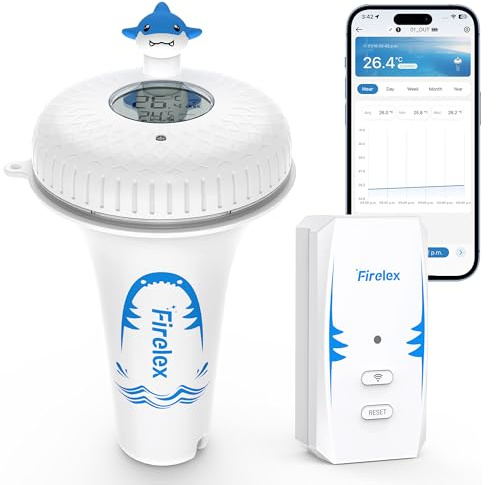 Firelex Thermomètre Piscine Connecté WiFi, Alerte Notification APP, Bleu | Étanche IPX7, Moniteur Interieur, Surveillance à Distance, Bassin Spa Étang