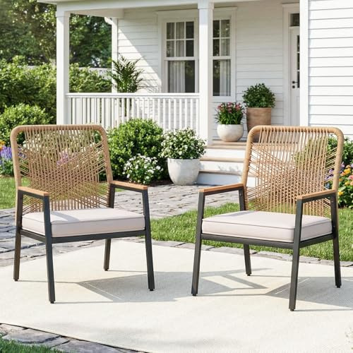 LIFERUN Gartenstuhl Rattan 2er Set, Terrassenstühle, witterungsbeständig, Balkonstühle Metall und PE Rattan, mit 8 cm Sitzkissen, Max 160 kg, WPC Armrest, für Terrasse Garten Balkon, Beige, 2 PCS