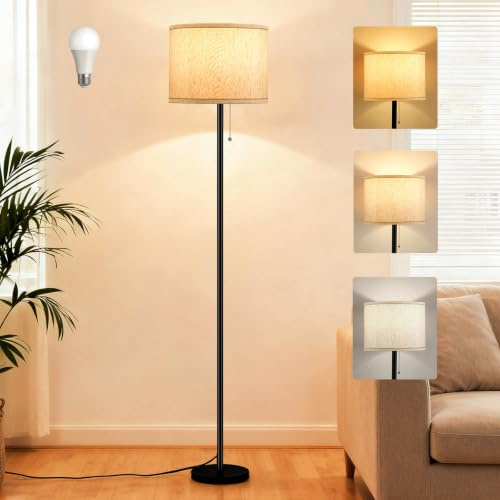 Floor Lamp,Standing Lamp with 3 Color Temperature Mode,67.5” Tall Lamp | Floor Lamps for Living Room with Pull Chain Switch,Modern Lamps for Living Room,Fabric Lampshade Floor Lamp(Include 9W Bulb)