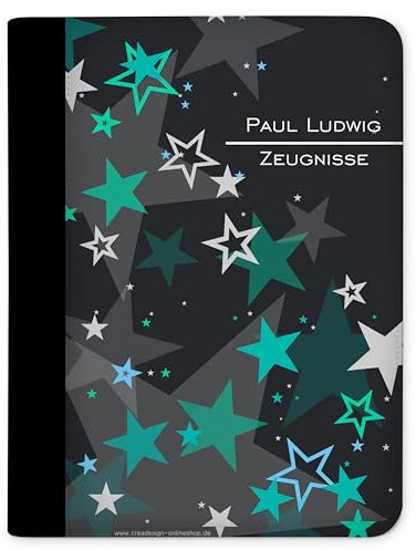 CreaDesign Customize A4 Zeugnismappe für Kinder - 26.7 x 32.7 x 1 cm, erweiterbar auf bis zu 20 Fächer, Sichtbuch ohne Klarsichthüllen, Türkis Sterne Design, Dokumentenmappe für Schüler