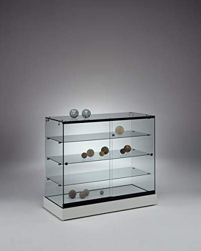 MHN Halbhohe Design Glasvitrine mit Rollen T 46 x B 104 x H 92 cm - breite Thekenvitrine abschließbar - Flache Alu-Glas Verkaufsvitrine - weiße Ladenvitrine ohne Beleuchtung
