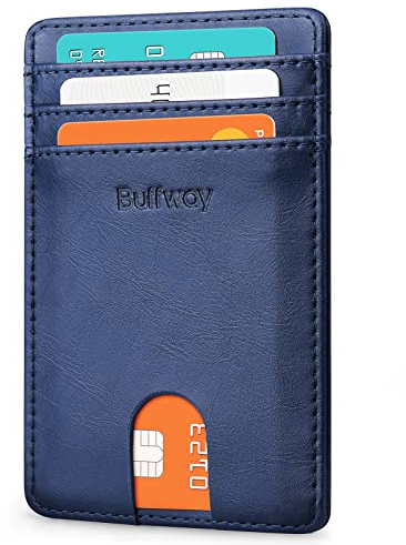 Buffway Mens Slim Wallet, Minimalist Thin Front Pocket Leather Credit Card Holder with RFID Blocking for Work Travel - Seattle Navy Blue