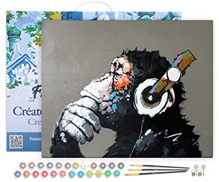Figured'Art Malen Nach Zahlen Erwachsene Mit Rahmen Affe mit Kopfhörer - Paint by Numbers Basteln DIY Bastelset 40x50cm Leinwand gespannt auf Holzrahmen