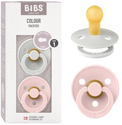 BIBS Colour Soother 2-Pack, BPA Free Dummy Pacifier, Round Nipple. Natural Rubber Latex, Size 1 (0-6 Months), Haze/Blossom