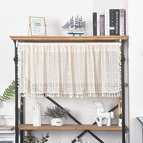 Sutuo Home Boho Sheer Curtain Valance Crochet Lace with Bohemian Hollow Knitted Handmade Tassels, Short Rustic Window Treatment for Kitchen Cafe, Rod Pocket, 1 Panel 59 W x 24 L,Beige