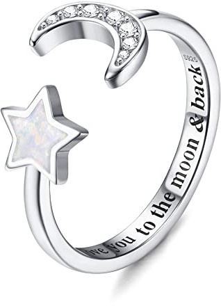 KRFY 925 sterling silver ringar för kvinnor flickor justerbar månsten opal CZ öppen ring jag älskar dig till månen och tillbaka avtagbar knuckle löfte förlovningsringar bröllop, Adjustable