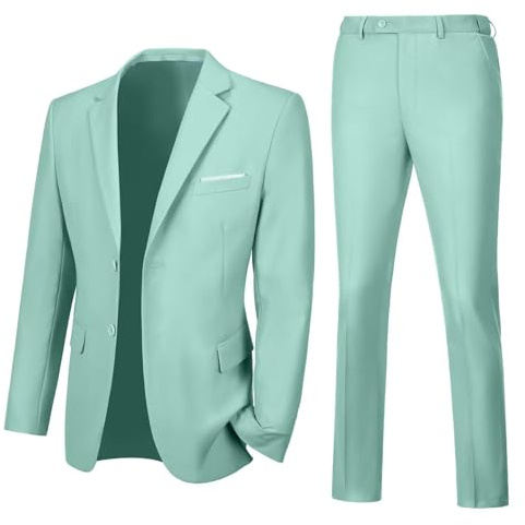 Lynerun Traje Ajustado de 2 Piezas para Hombre, Dos Botones, Solapa con Muescas, Color Liso, Conjunto de Esmoquin para Baile de graduación, Verde (Mint Green), Small