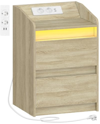 Hzuaneri Sängbord med LED-lampor, sängskåp med laddningsstation och 2 lådor, nattduksbord med USB-portar och eluttag, nattduksbord för vardagsrum och sovrum, Eken NS30016X