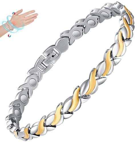 Cigmag - Braccialetto magnetico in acciaio al titanio per drenaggio linfatico, regolabile, da donna, con strumento di rimozione e confezione regalo, 8.19 inches, Acciaio inossidabile