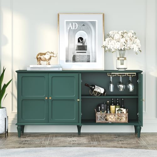 MROJISC Kommode Grün, Weinschrank mit Weinglasregalen, Sideboard Buffet Schrank mit 4 Türen, Mid-Century Holz Akzent Schrank Moderne Kommoden & Sideboards für Wohnzimmer, Esszimmer, Küche