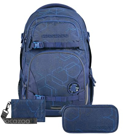 coocazoo Schulrucksack-Set Porter „Blue Motion“ 3-teilig, blau, ergonomischer 30L Tornister, höhenverstellbar mit Brust- und Hüftgurt für Kinder ab der 5. Klasse, inkl. Federmäppchen und Geldbeutel