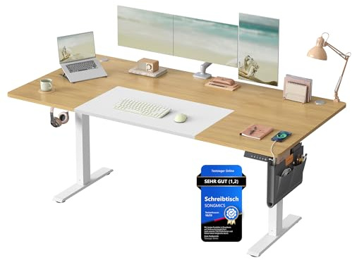 SONGMICS Höhenverstellbarer Schreibtisch elektrisch, 180 x 80 cm, stufenlos verstellbar, Memory-Funktion mit 4 Höhen, USB-C-Anschluss, natureichenfarben-mattweiß LSD028YD02