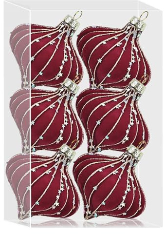 Sammet julbollar flockade – 6 st julkulor prydnader – sammets trädornament | handmålade flockade dekorationsbollar | vinröd och mörkgrön sammetsprydnad