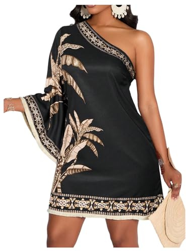 GORGLITTER Women's Tropical One Shoulder Dress Summer Holiday Beach Dresses | Ibiza Outfit Women, Italian Dress, Dolman Sleeve, Tassel Hem, Boho, Floral, Festival Dress
