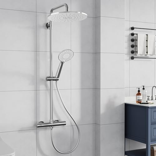 Columna Ducha Termostática Cromo, Sistema Completo con Grifo Termostático, Ducha Techo Redonda 25 cm, Alcachofa 3 Modos, Barra Deslizante Regulable, Bloqueo Seguridad 38°C, Cabezal Giratorio 360°