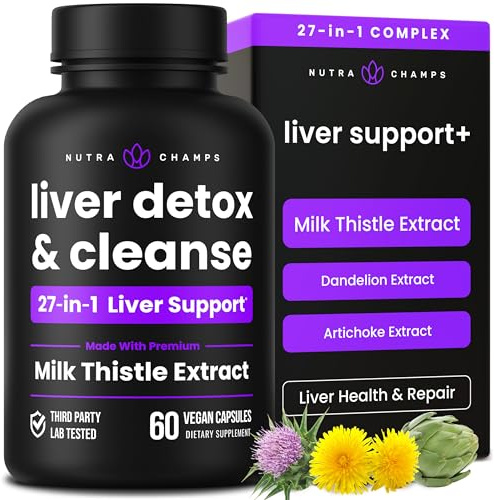 Liver Support Supplement with Milk Thistle Extract (80% Silymarin), Dandelion, Artichoke, Choline, Turmeric & Beet Root – 27-in-1 Liver Health Formula, 60 Vegan Capsules