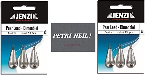 .Jenzi Set de 2 paquetes de plomo de pera, 30 g, 2 x 3 unidades, con espiral/ojal + pegatina Petri Heil!