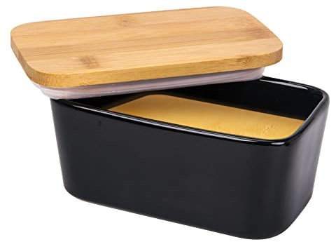 Arswin Butterdose mit Deckel, groß, 650 ml, Porzellanbehälter Bambusdeckel für 2 Stäbchen Butter, mikrowellengeeignet, leicht zu reinigen, Butterbehälter Arbeitsplatte und Kühlschrank (schwarz)