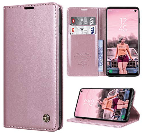 RuiPower Handyhülle für Samsung Galaxy S10 Hülle Premium Leder PU Flip Case Magnetisch Klapphülle Wallet Lederhülle Silikon Bumper Schutzhülle für Samsung Galaxy S10 4G Hülle - Rose Gold - 6.1 Zoll