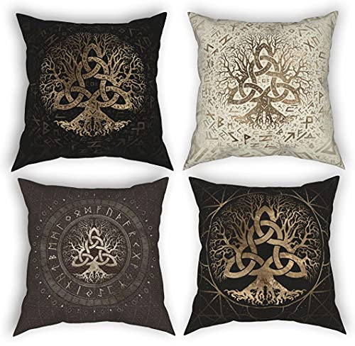 JJLLAZAD Sofa Kissenbezug 4 Stücke, Nordischer Mythologie Yggdrasil 3D-Muster, Wikinger,Quadrat,Polyester,Für Home Decor,Yggdrasil,18x18Inch