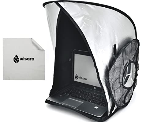 WISARO | Ny laptop solskydd – fungerar var som helst, bländskydd, lätt, passar upp till 17 tums enhet, vikbar och bärbart skärmskydd, integritetshuva – komplett med mikrofiberskärm rengöringsduk