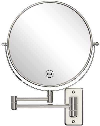 Benbilry 9 Large Size Wall Mounted Makeup Vanity Mirror, 1X/10X Magnifying Double Sided Shaving Mirror for Bathroom, 360° Swivel Extendable Arm Nickel Finish